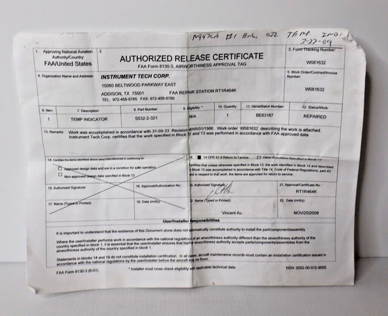 Weston S532-2-321 Temp Indicator Repaired with FAA 8130-3 Form