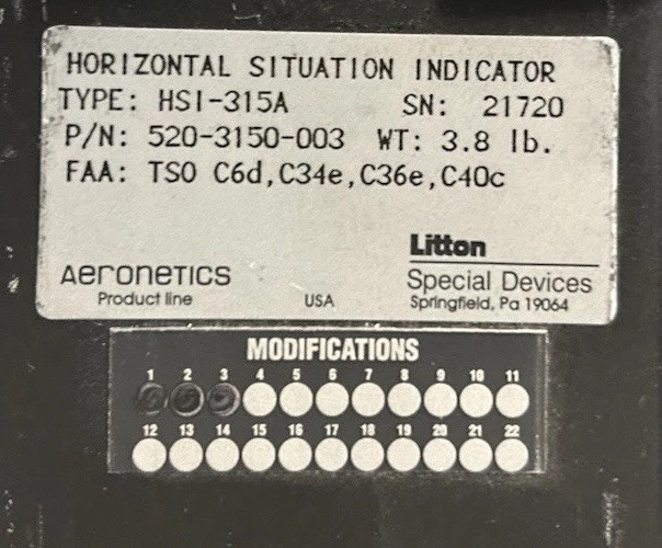 Aeronetics HSI-315A Horizontal Situation Indicator – PN 520-3150-003 W/TRACE