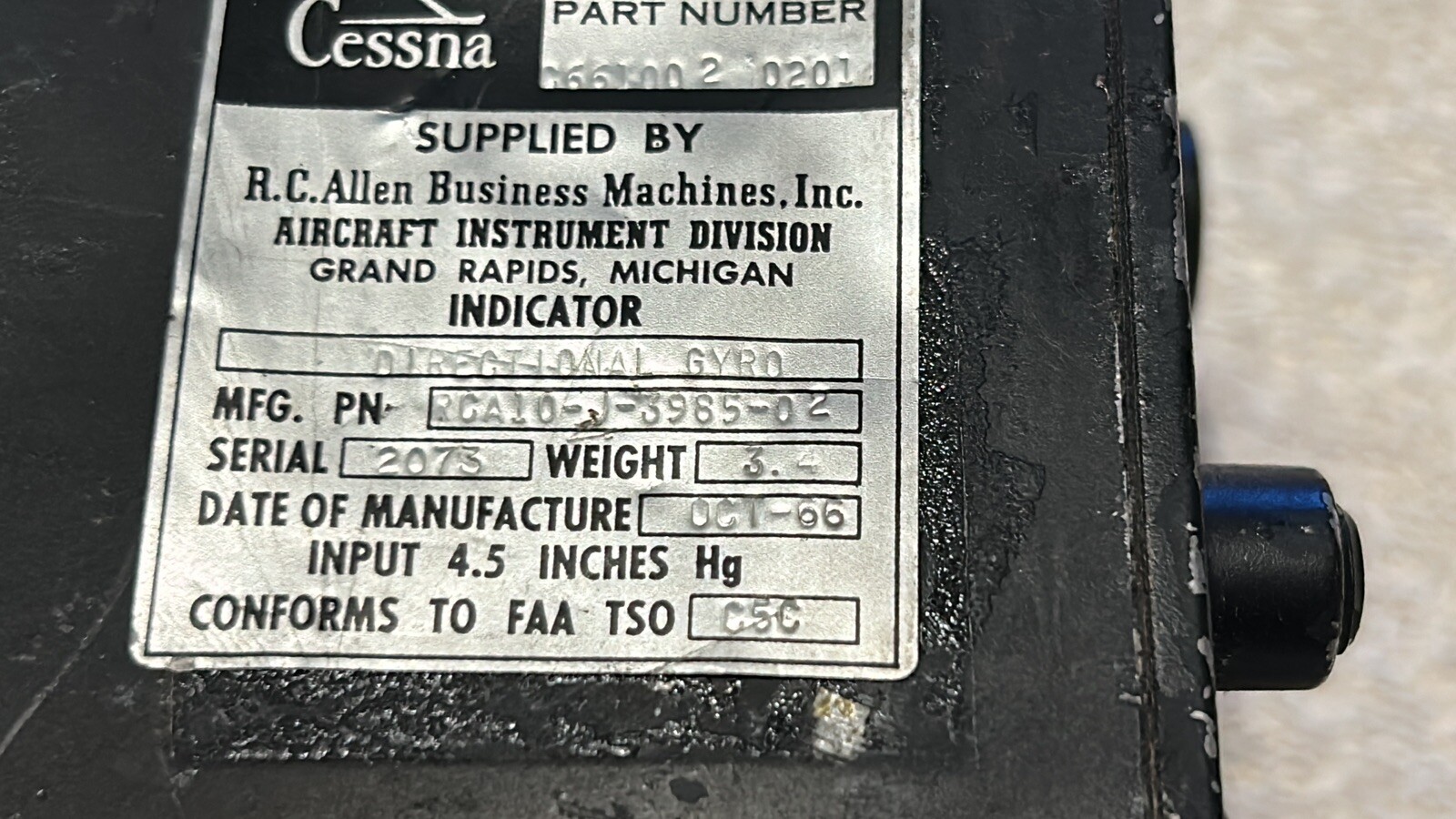 C661002-0201, RCA10-J-3965-02, Cessna R.C. Allen Vacuum Directional Gyro