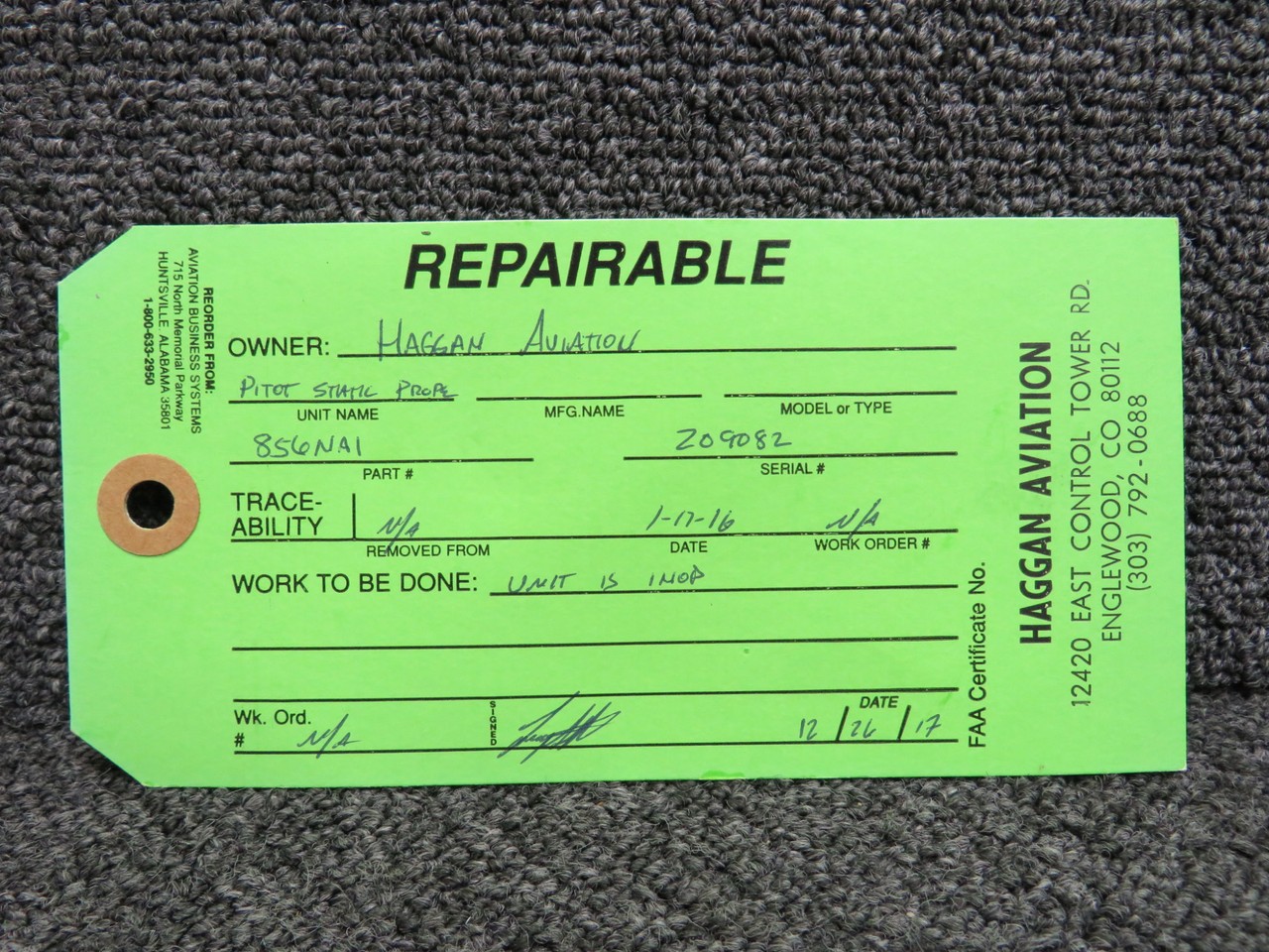 856NA1 Rosemount Pitot Static Probe with Green Repairable Tag 28V (Core)