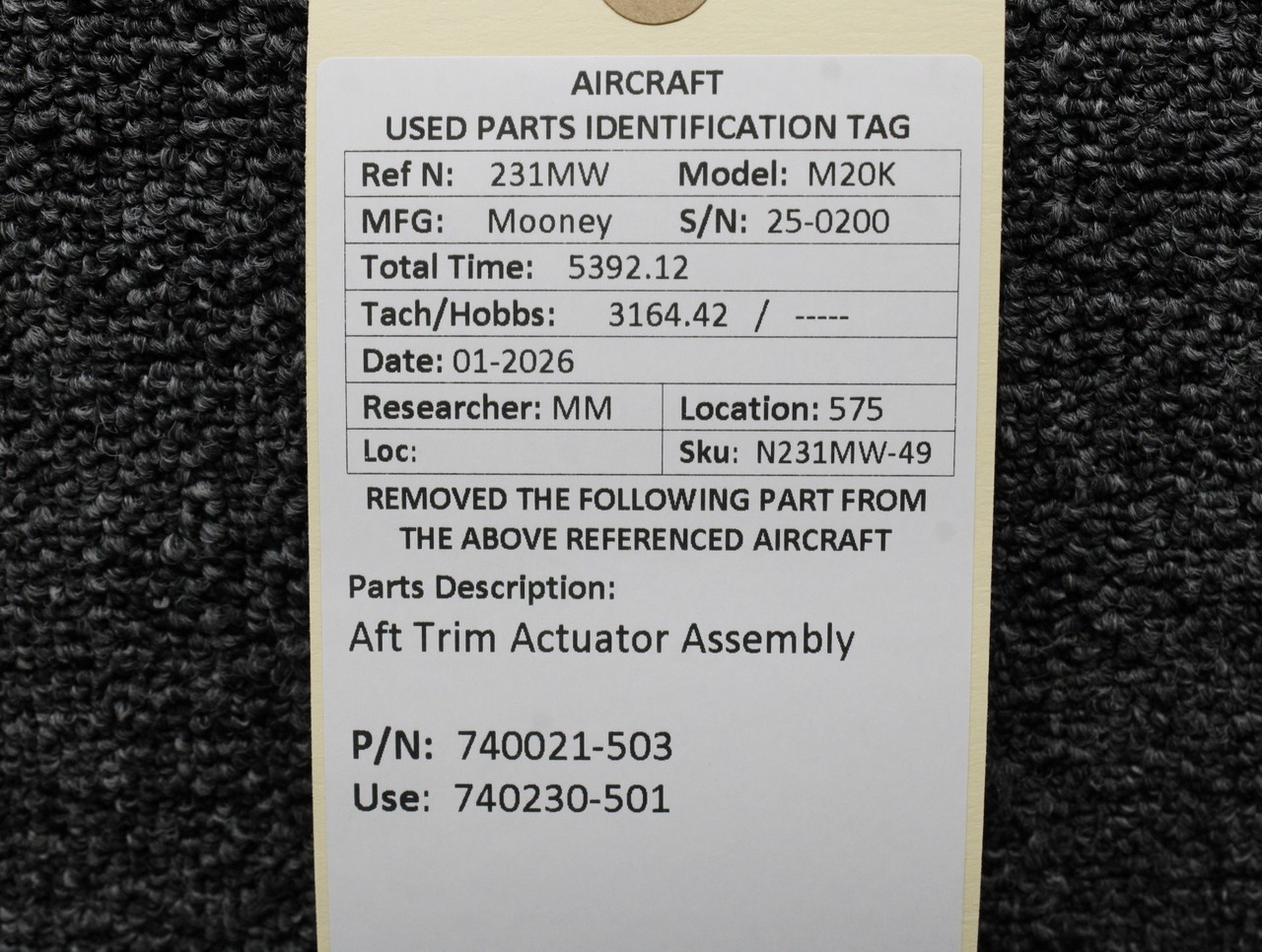 740021-503 (Use: 740230-501) Mooney M20K Aft Trim Actuator Assembly