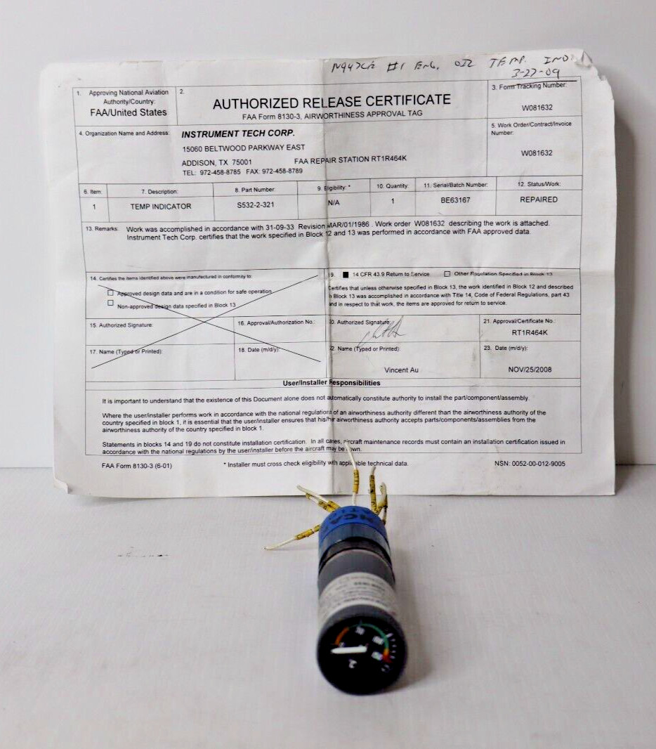 Weston S532-2-321 Temp Indicator Repaired with FAA 8130-3 Form