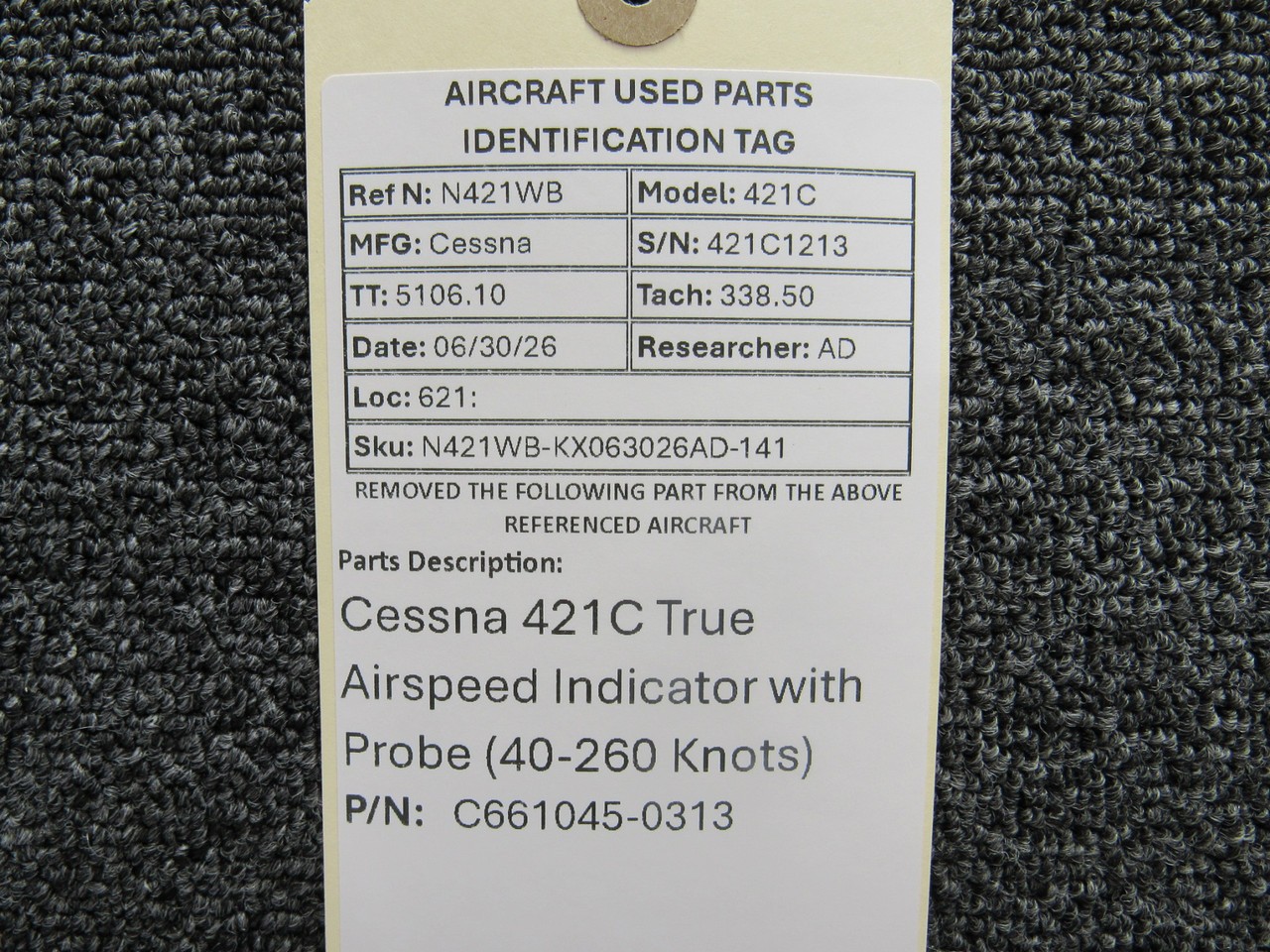 C661045-0313 Cessna 421C True Airspeed Indicator with Probe (40-260 Knots)