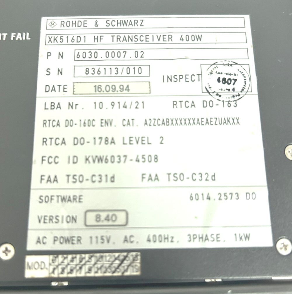 Airbus XK516D1 Aircraft HF Transceiver 6030-0007-02