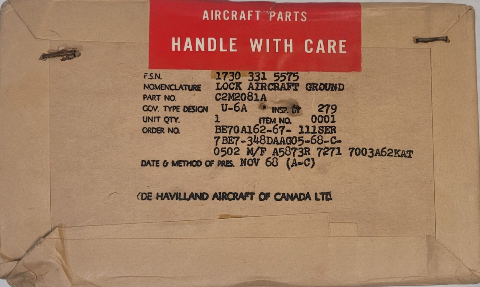 De Havilland DHC-2 Beaver Control Surface Locking Template C2M2081A