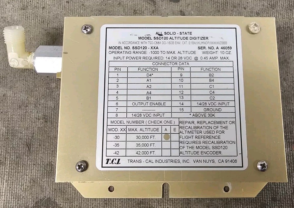 Trans-Cal Altitude Encoder 30,000′ SSD120-30A 10-30VDC. W/ 90 Day Warranty