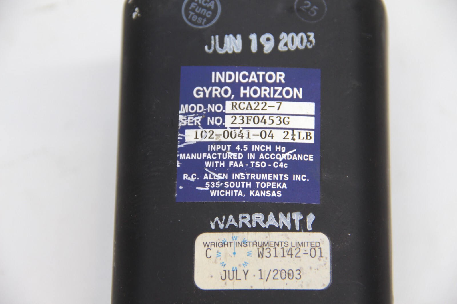 R.C. Allen RCA22-7 Horizon Gyro Indicator Gauge, P/N: 102-0041-04